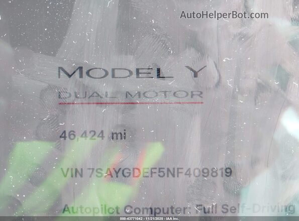 7SAYGDEF5NF409819 2022 TESLA MODEL Y White 