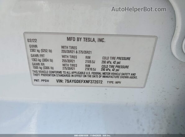 7SAYGDEFXNF372072 2022 TESLA MODEL Y White Vista del compartimento del motor
