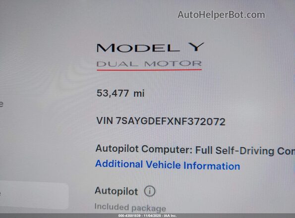 7SAYGDEFXNF372072 2022 TESLA MODEL Y White 