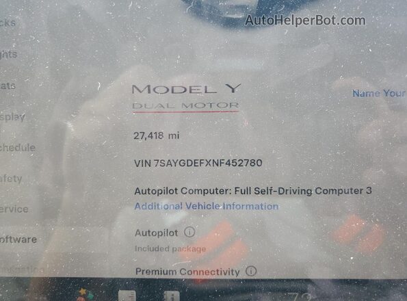 7SAYGDEFXNF452780 2022 TESLA MODEL White Սարքավորումների վահանակի տեսք