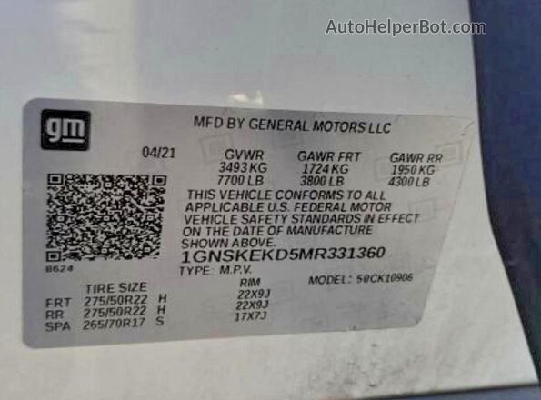 1GNSKEKD5MR331360 2021 CHEVROLET SUBURBAN White Widok wnętrza z tyłu