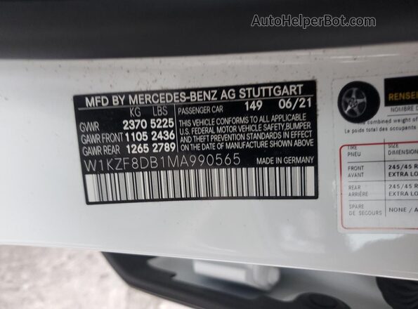 W1KZF8DB1MA990565 2021 MERCEDES-BENZ E White Widok naklejki z numerem VIN