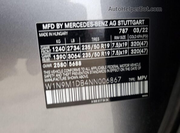W1N9M1DB4NN006867 2022 MERCEDES-BENZ EQB Gray 
