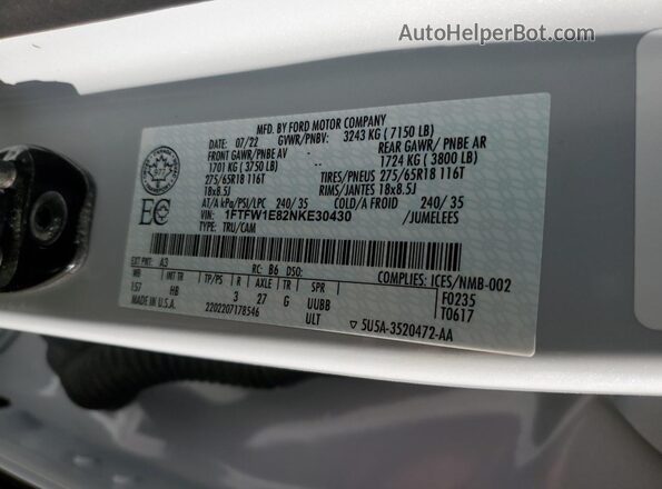 1FTFW1E82NKE30430 2022 FORD F150 White 