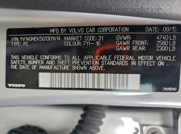 YV140MEK5G1301414 2016 VOLVO V60 Silver Vista de la etiqueta del VIN
