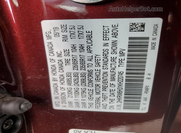 2HKRW6H31KH220745 2019 HONDA CRV Burgundy 