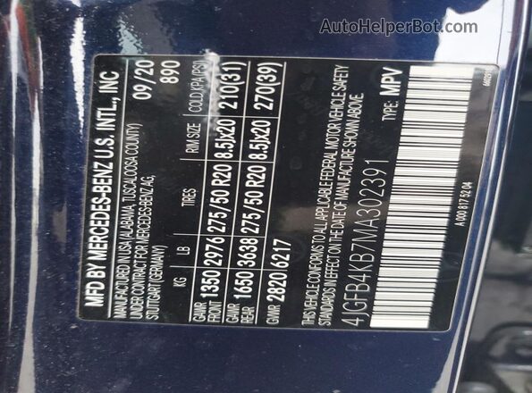 4JGFB4KB7MA302391 2021 MERCEDES-BENZ GLE Синий Вид наклейки с VIN-кодом