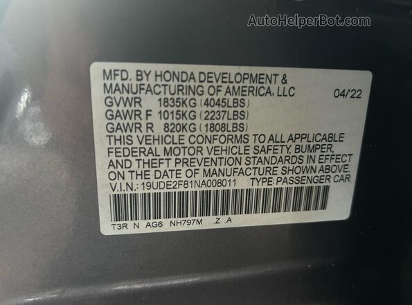 19UDE2F81NA008011 2022 ACURA ILX Серый Вид задней части салона