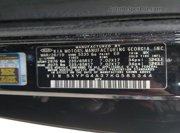5XYPG4A37KG585344 2019 KIA SORENTO Black 