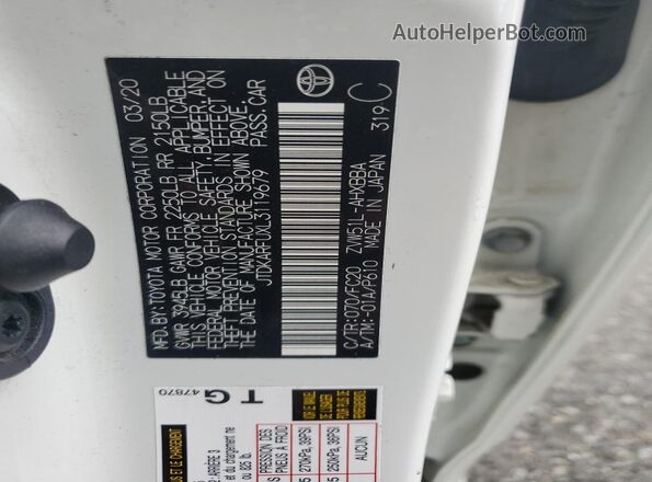 JTDKARFUXL3119679 2020 TOYOTA PRIUS White Widok wnętrza 360 stopni