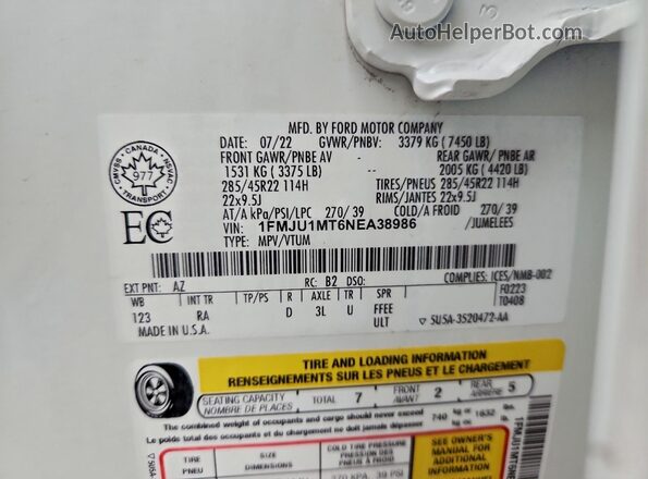 1FMJU1MT6NEA38986 2022 FORD EXPEDITION White 