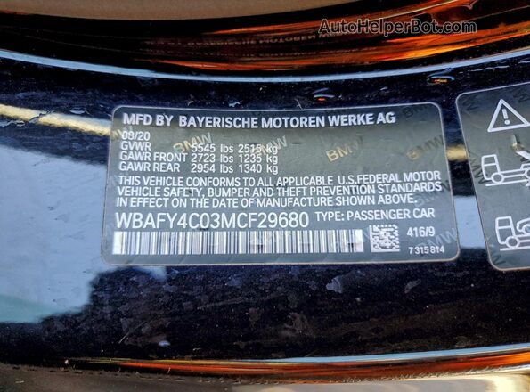 WBAFY4C03MCF29680 2021 BMW M8 Blue Vista de la etiqueta del VIN