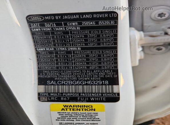 SALCR2BG6GH632918 2016 LAND ROVER DISCOVERY Белый 