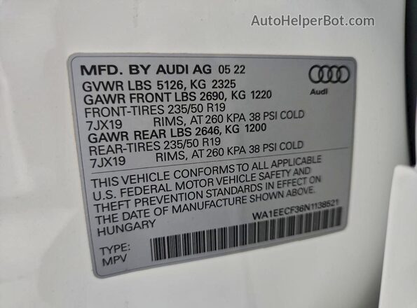 WA1EECF36N1138521 2022 AUDI Q3 White Widok naklejki z numerem VIN