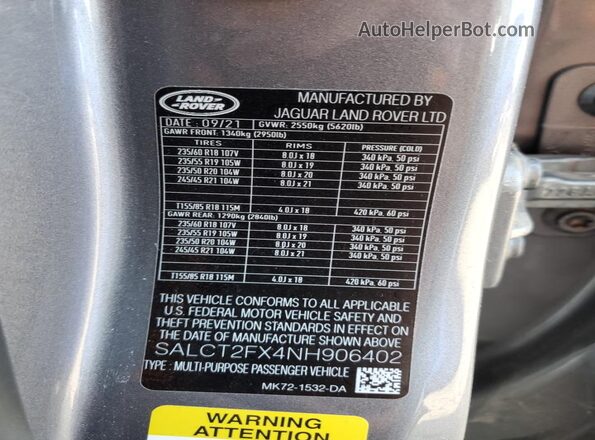 SALCT2FX4NH906402 2022 LAND ROVER DISCOVERY Gray სალონის 360-გრადუსიანი ხედი
