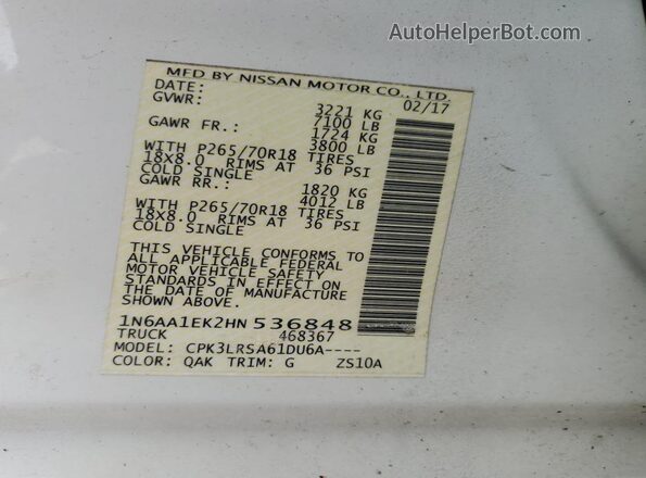 1N6AA1EK2HN536848 2017 NISSAN TITAN White Вид наклейки з VIN-кодом