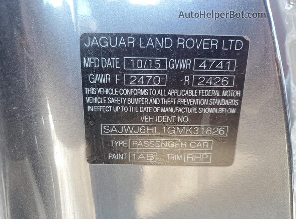 SAJWJ6HL1GMK31826 2016 JAGUAR F-TYPE Серый Вид наклейки с VIN-кодом