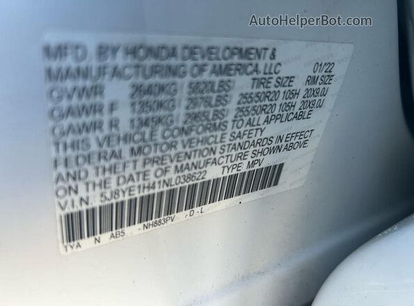 5J8YE1H41NL038622 2022 ACURA MDX Белый 