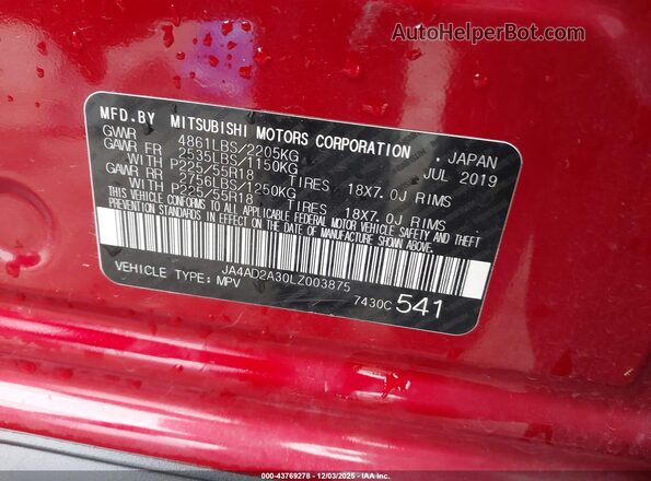 JA4AD2A30LZ003875 2020 MITSUBISHI OUTLANDER Red Engine compartment view