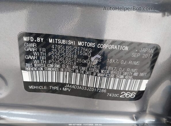 JA4AD3A33JZ017286 2018 MITSUBISHI OUTLANDER Silver Widok komory silnika