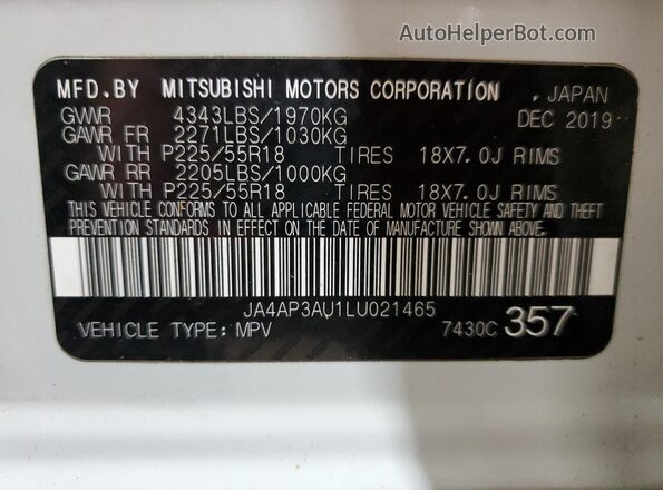 JA4AP3AU1LU021465 2020 MITSUBISHI OUTLANDER White VIN კოდის სტიკერის ხედი