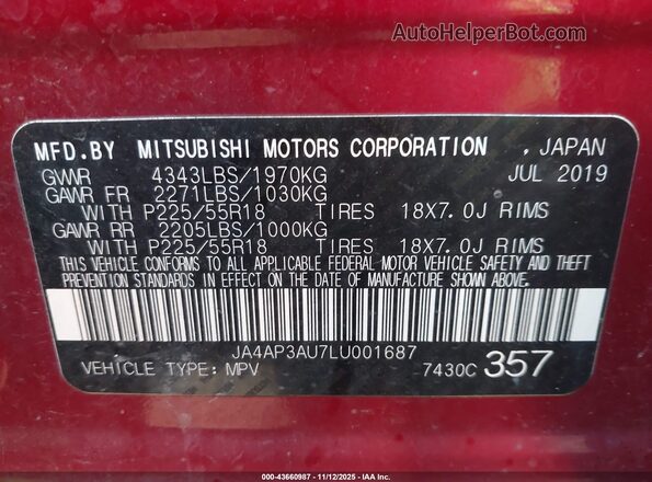 JA4AP3AU7LU001687 2020 MITSUBISHI OUTLANDER SPORT Red Vista del compartimento del motor