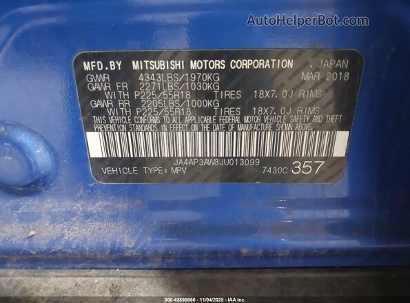 JA4AP3AW8JU013099 2018 MITSUBISHI OUTLANDER SPORT Синий 