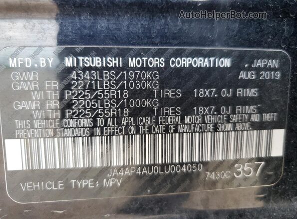 JA4AP4AU0LU004050 2020 MITSUBISHI OUTLANDER Black VIN sticker view
