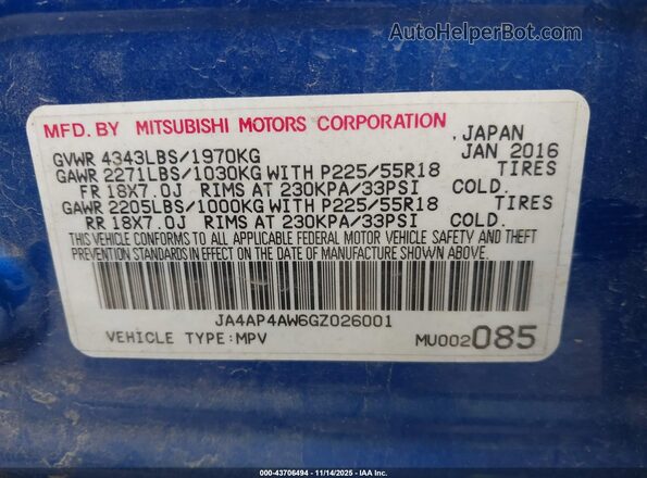 JA4AP4AW6GZ026001 2016 MITSUBISHI OUTLANDER SPORT Blue Vista del compartimento del motor