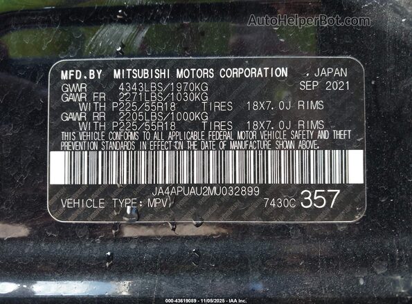 JA4APUAU2MU032899 2021 MITSUBISHI OUTLANDER SPORT Black Engine compartment view