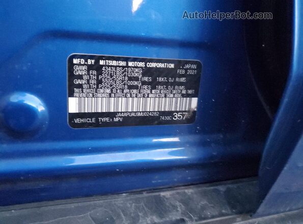 JA4APUAU9MU024282 2021 MITSUBISHI OUTLANDER Blue VIN կոդի պիտակի տեսք