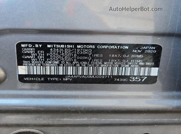 JA4APVAU0MU009711 2021 MITSUBISHI OUTLANDER Gray VIN կոդի պիտակի տեսք