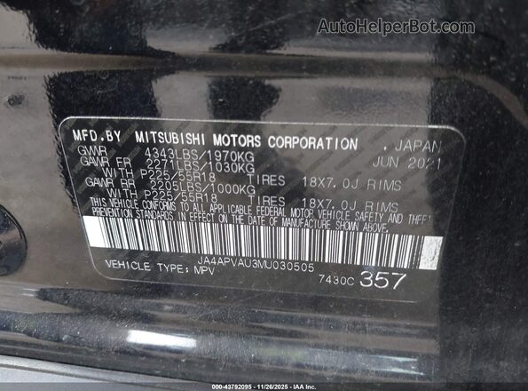 JA4APVAU3MU030505 2021 MITSUBISHI OUTLANDER SPORT Black Vista del compartimento del motor