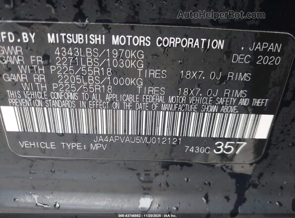 JA4APVAU5MU012121 2021 MITSUBISHI OUTLANDER SPORT Black ძრავის განყოფილების ხედი