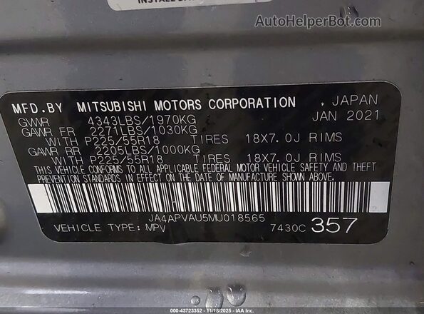 JA4APVAU5MU018565 2021 MITSUBISHI OUTLANDER SPORT Silver Вид підкапотного простору