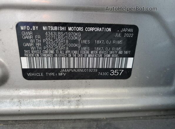 JA4APVAU6NU019239 2022 MITSUBISHI OUTLANDER Silver Вид наклейки з VIN-кодом