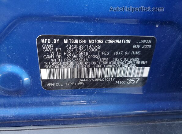 JA4APVAU8MU010217 2021 MITSUBISHI OUTLANDER Blue Vista de la etiqueta del VIN