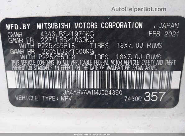JA4ARVAW1MU024360 2021 MITSUBISHI OUTLANDER SPORT Белый 