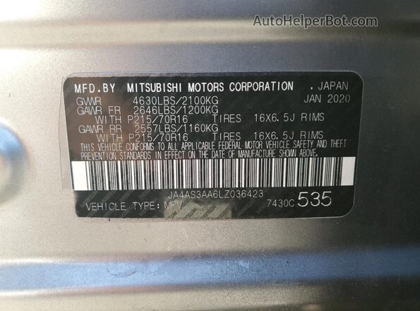 JA4AS3AA6LZ036423 2020 MITSUBISHI ECLIPSE Silver Вид наклейки з VIN-кодом