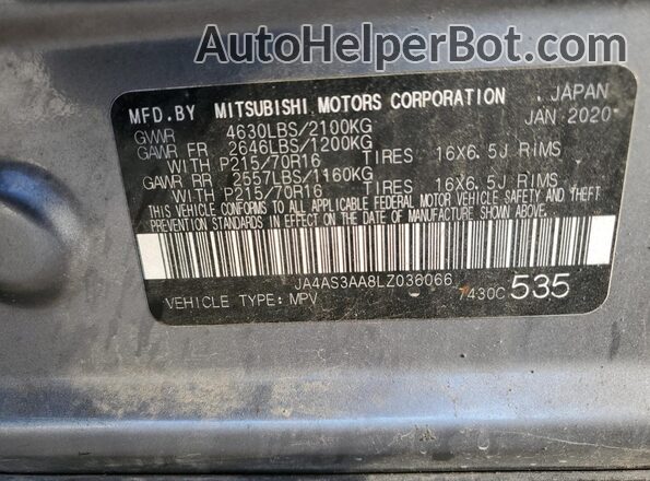 JA4AS3AA8LZ036066 2020 MITSUBISHI ECLIPSE Charcoal VIN კოდის სტიკერის ხედი
