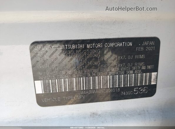 JA4ASWAA6NZ006018 2022 MITSUBISHI ECLIPSE CROSS Белый Вид подкапотного пространства