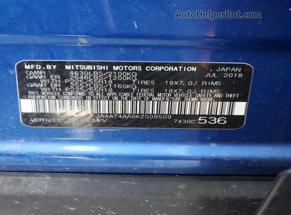 JA4AT4AA6KZ008509 2019 MITSUBISHI ECLIPSE Blue Widok komory silnika