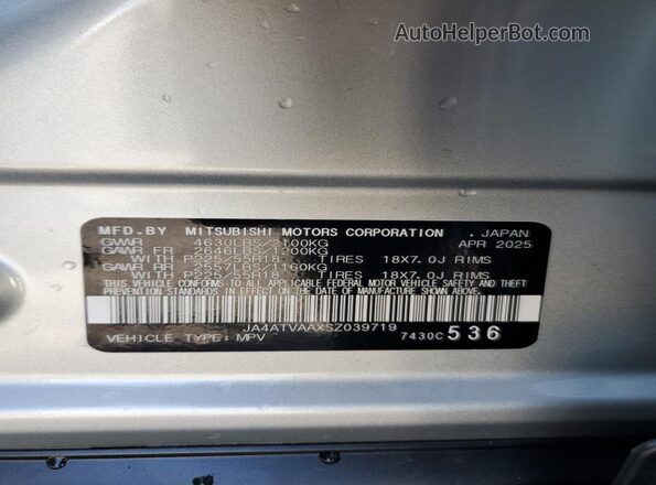 JA4ATVAAXSZ039719 2025 MITSUBISHI ECLIPSE Silver Vista de la etiqueta del VIN