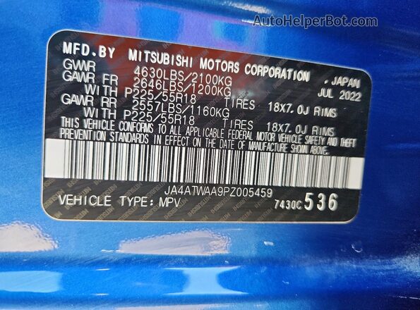 JA4ATWAA9PZ005459 2023 MITSUBISHI ECLIPSE Синий Вид наклейки с VIN-кодом