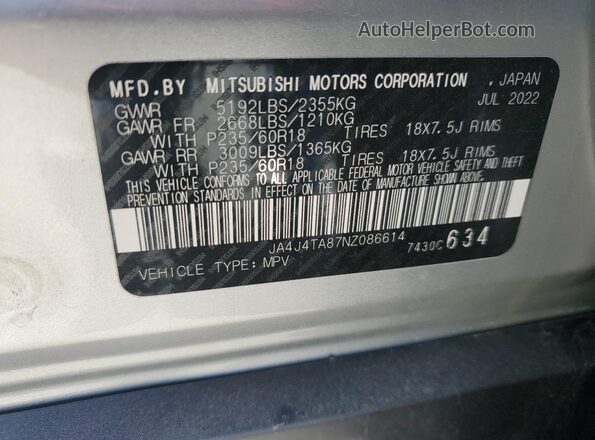 JA4J4TA87NZ086614 2022 MITSUBISHI OUTLANDER Silver VIN կոդի պիտակի տեսք