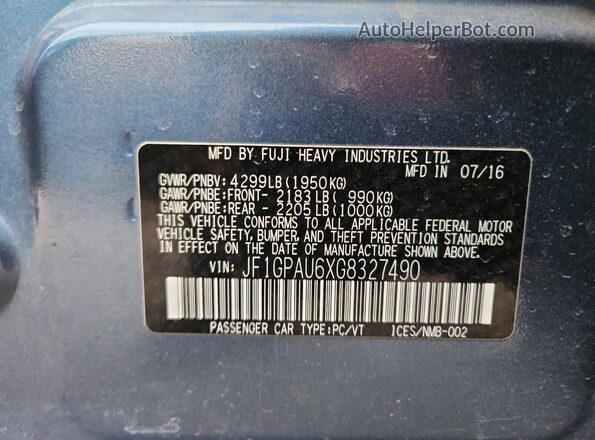 JF1GPAU6XG8327490 2016 SUBARU IMPREZA Blue Սալոնի 360 աստիճան տեսք