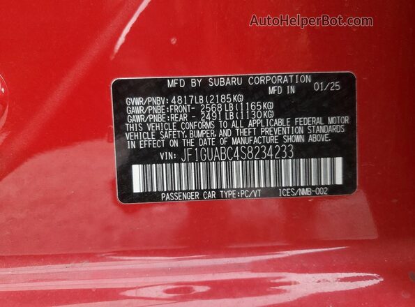 JF1GUABC4S8234233 2025 SUBARU IMPREZA Красный Вид наклейки с VIN-кодом