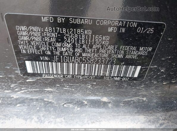 JF1GUABC5S8233723 2025 SUBARU IMPREZA Gray Widok komory silnika