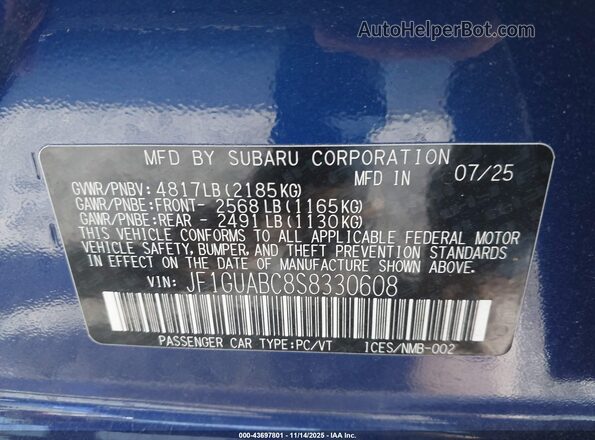 JF1GUABC8S8330608 2025 SUBARU IMPREZA Blue Вид підкапотного простору