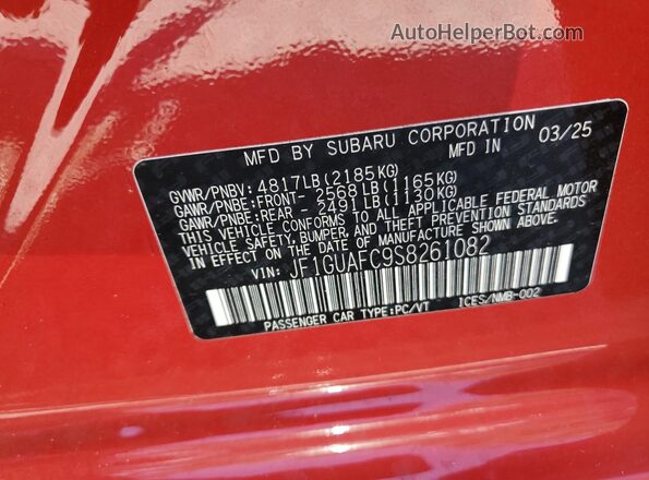 JF1GUAFC9S8261082 2025 SUBARU IMPREZA Red Vista de la etiqueta del VIN